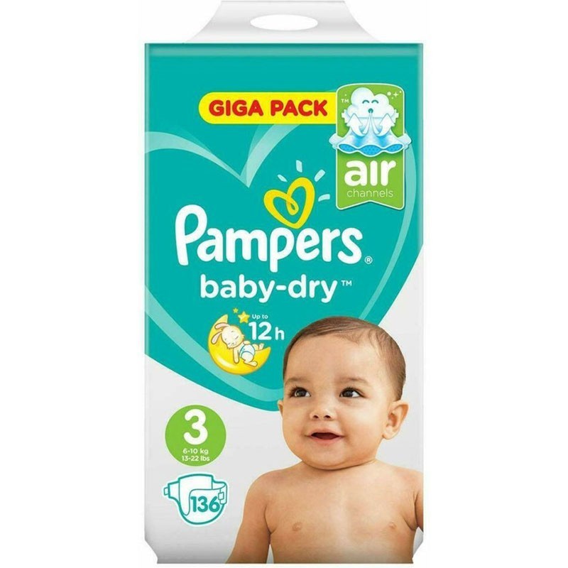 Couches bébé baby-dry taille 3 PAMPERS : le paquet de 136 couches